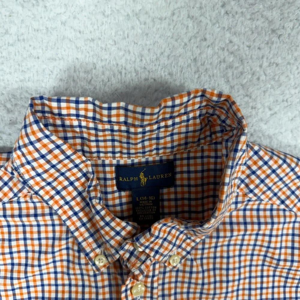 Ralph Lauren Orange Blue Plaid Long Sleeve Button Down Shirt Kids Size L 14-16